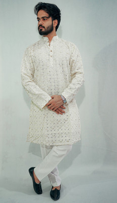 PRAVARHA Men Chikan Embroidery Ethnic Dress Kurta(White)