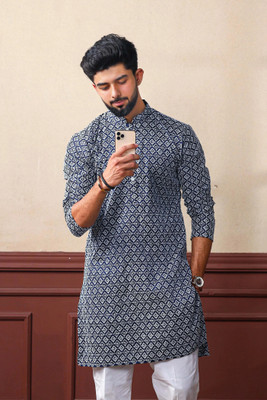 Koshin Men Printed Straight Kurta(Dark Blue)
