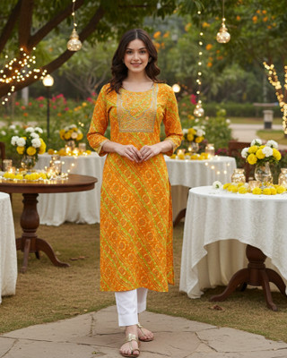 maaesa Women Printed Straight Kurta(Yellow)