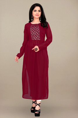 Rudra Fashion Mart Women Embroidered Flared Kurta(Maroon)