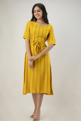 DMP FASHION Women Striped Flared Kurta(Yellow)