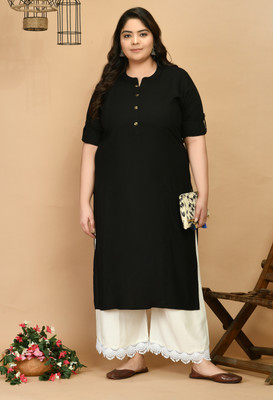 PrettyPlus by Desinoor.com Women Solid Straight Kurta(Black)