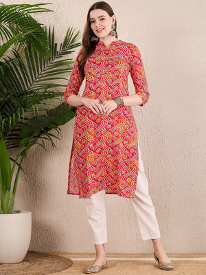 ANOUK Women Abstract Straight Kurta(Red)