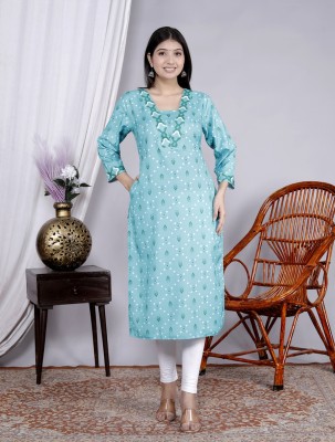 KESHAV FAB Women Floral Print Straight Kurta(Light Blue)