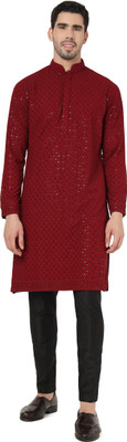 Kaashi Couture Men Embroidered Straight Kurta(Maroon)