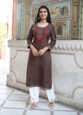 SewingKrafts Women Embroidered Straight Kurta(Brown, Red)