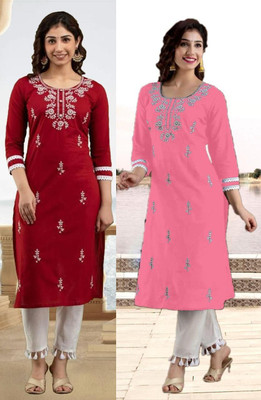 vikshi Women Embroidered Straight Kurta(Multicolor)