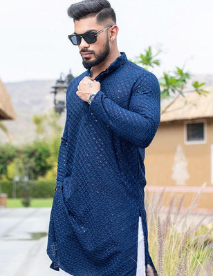 Lazzly Men Printed, Chikan Embroidery Straight Kurta(Blue)