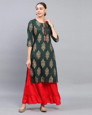 KRISHNA Women Self Design Straight Kurta(Dark Green)