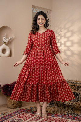 KIMATERNITY Women Floral Print Flared Kurta(Maroon)