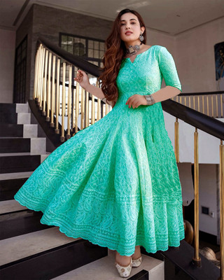 ZAZADIYA IMPEX Women Chikan Embroidery Anarkali Kurta(Light Green)