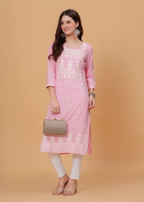 RJ SHYAM FASHION Women Chikan Embroidery Straight Kurta(Pink)