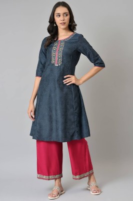 W Women Embellished, Polka Print A-line Kurta(Blue)