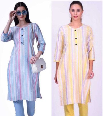IST COLLECTION Women Printed Straight Kurta(Blue, Yellow)