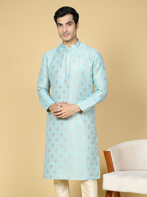 Namaskar Men Self Design A-line Kurta(Light Blue, Gold)