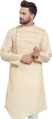JS COLLECTION Men Solid Asymmetric Kurta(Beige)