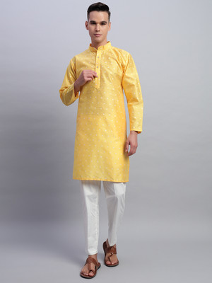 rutva Men Woven Design Straight Kurta(Yellow)