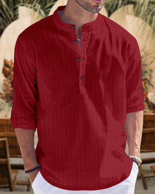 FABWAX Men Striped Straight Kurta(Maroon)