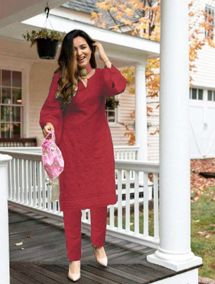 ZAZADIYA ENTERPRISE Women Chikan Embroidery Straight Kurta(Maroon)