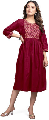 OMSAICOLLECTION Women Embroidered Flared Kurta(Maroon)