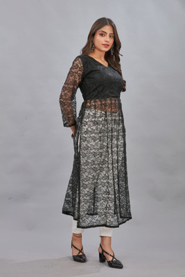 Manthan Creation Women Chikan Embroidery A-line Kurta(Black)