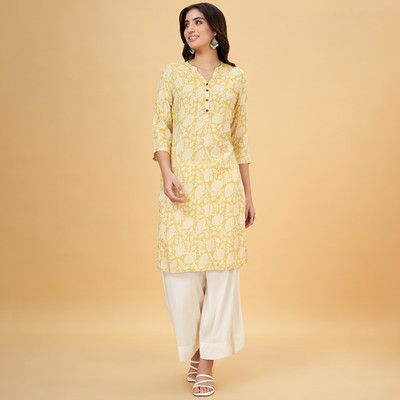 Rangmanch by Pantaloons Women Printed Straight Kurta(Beige, White)