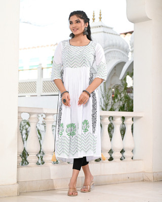INDI INSIDE Women Block Print Anarkali Kurta(White)