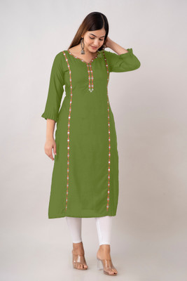 HouseOfCommon Women Applique Straight Kurta(Green)