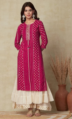 Nawalsa Women Bandhani Straight Kurta(Pink)
