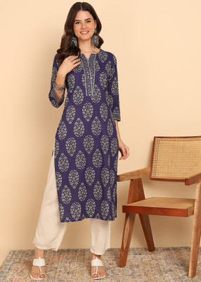 VBUYZ Women Floral Print Straight Kurta(Blue)