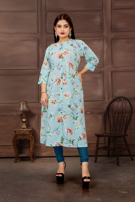 DEVHEER Women Printed A-line Kurta(Light Blue)