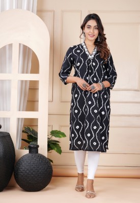 HIRDAY CREATION Women Printed Straight Kurta(White, Dark Blue)