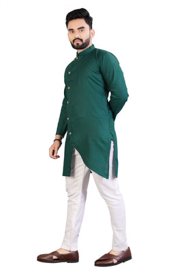 Looksky Men Solid Asymmetric Kurta(Green)