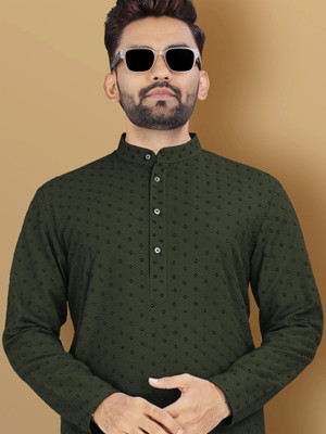 VeBNoR Men Self Design Straight Kurta(Dark Green)