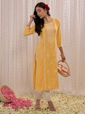 Indo Era Women Embroidered Straight Kurta(Yellow)