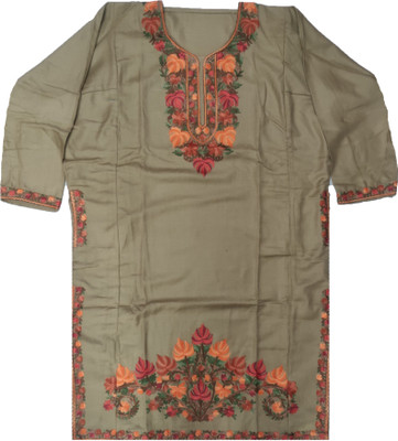 Kashmiri Women Embroidered Straight Kurta(Beige)