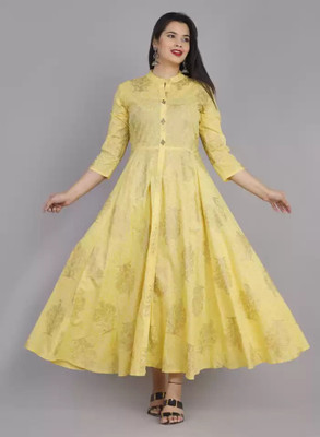 AnviTextile Women Printed Anarkali Kurta(Yellow)