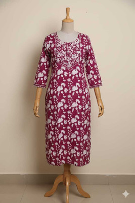 Arishafabric Women Floral Print, Embroidered A-line Kurta(Maroon)