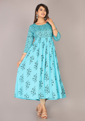 HouseOfCommon Women Floral Print Trail Cut Kurta(Light Blue)