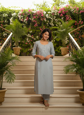 unstitch Women Embroidered A-line Kurta(Grey)