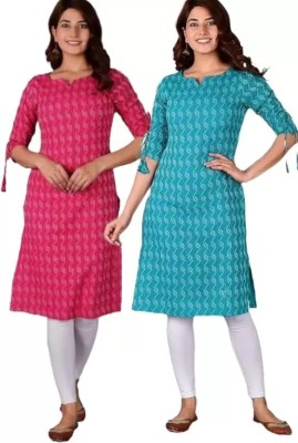 NORTIFASHION Women Printed Straight Kurta(Blue, Pink)