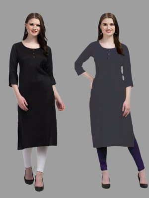 Coft Women Solid Straight Kurta(Black, Grey)