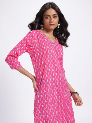 Anouk Rustic Women Printed Straight Kurta(Pink)