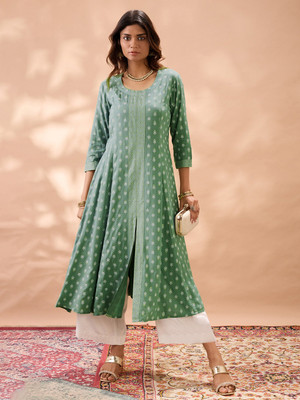 Globus Women Printed A-line Kurta(Green, White)