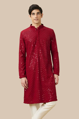 YSYB Dezines Men Chikan Embroidery Straight Kurta(Maroon)