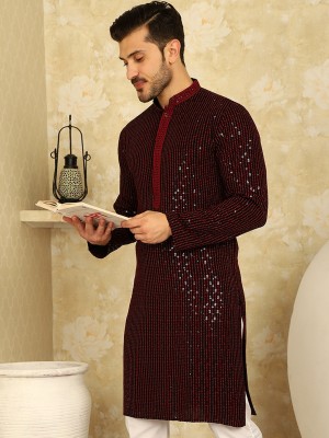 Jompers Men Embroidered Straight Kurta(Maroon, Black)