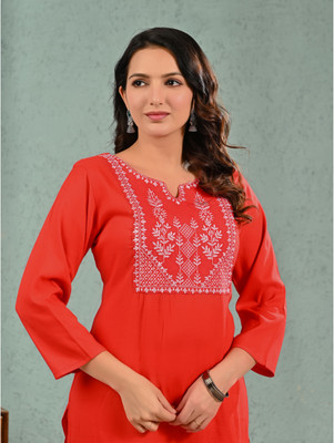 Ramkudi Women Embellished A-line Kurta(Orange)