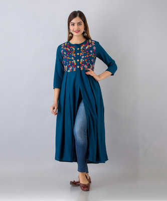Nishabd Women Embroidered Frontslit Kurta(Blue)