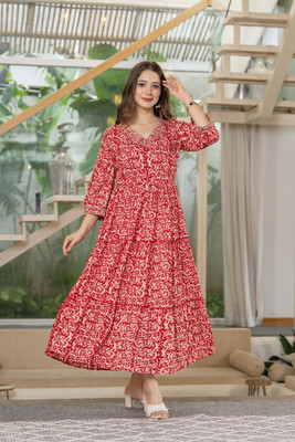 ZTD Women Printed Anarkali Kurta(Red)