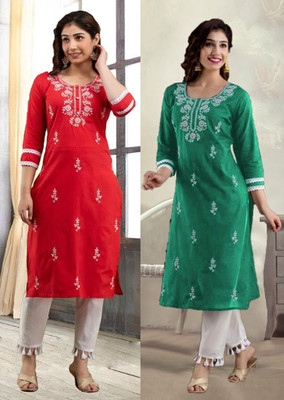 SISTO Women Chikan Embroidery Straight Kurta(Multicolor)